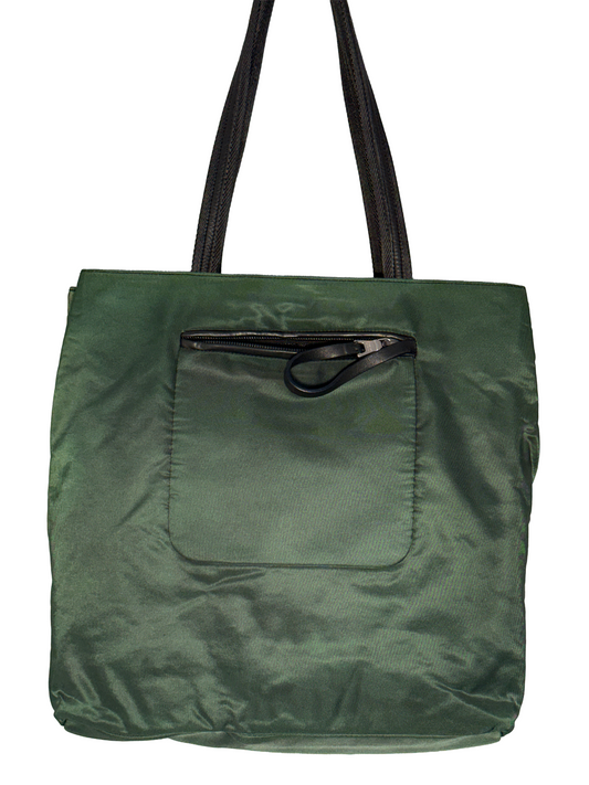 SAC CABAS PRADA – NYLON VERT ET FINITIONS CUIR NOIR